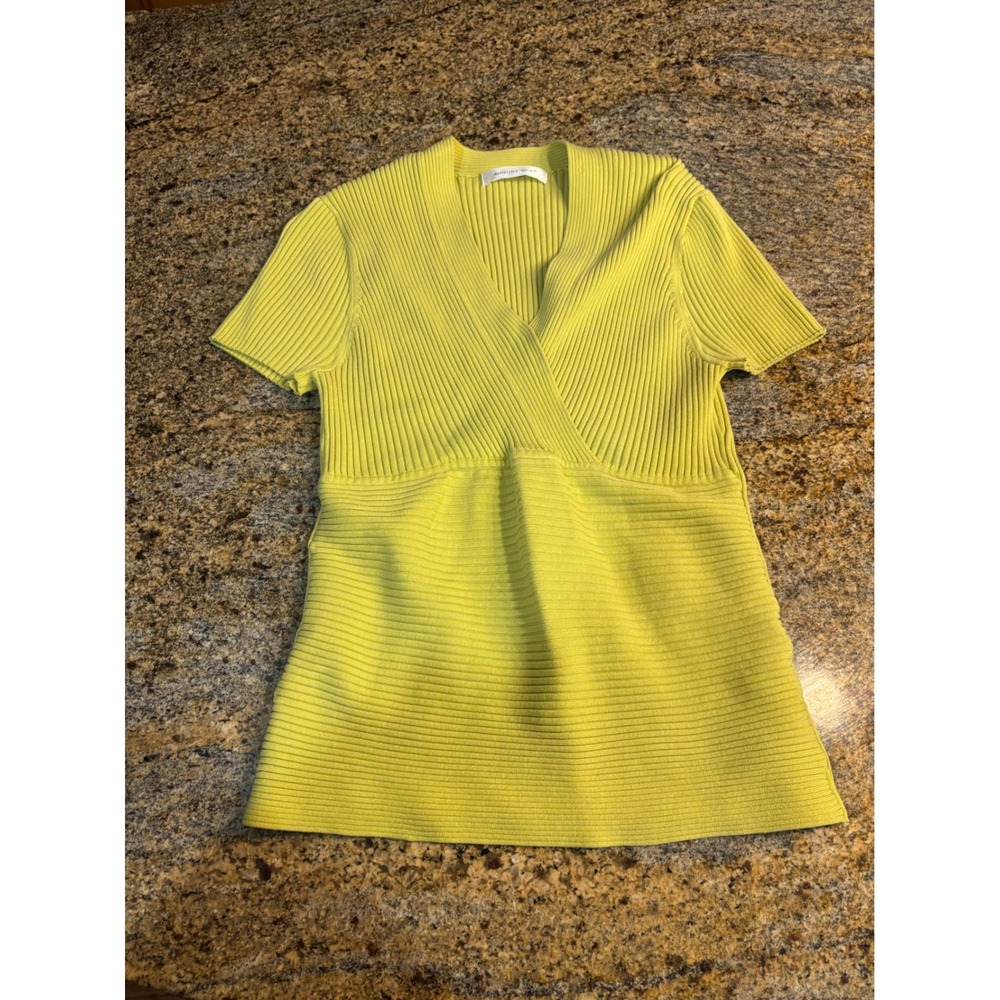 August Silk‎ Lime Green Ribbed Knit Wrap V-Neck Short Sleeve Sweater Top XS?